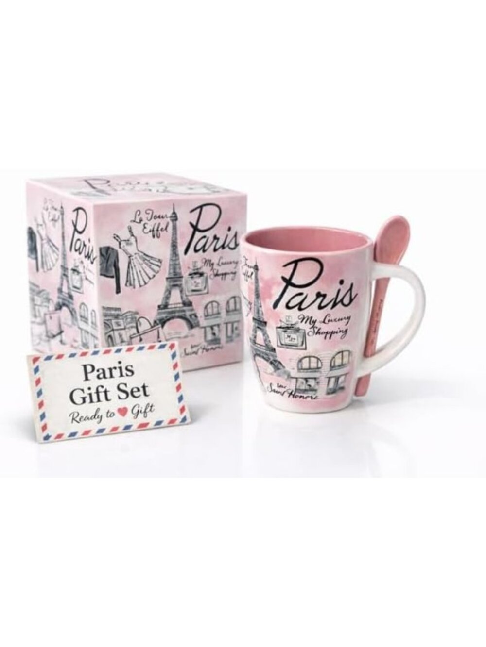 Ceramic Eiffel Tower Mug with Spoon - 320ml Pink Gift Box for Women, Modern